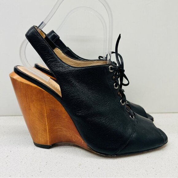 Boutique 9 Lace Up Heels Wood Block Wedge Black Leather Boho Peep Toe Sz 6.5  M - Picture 1 of 14